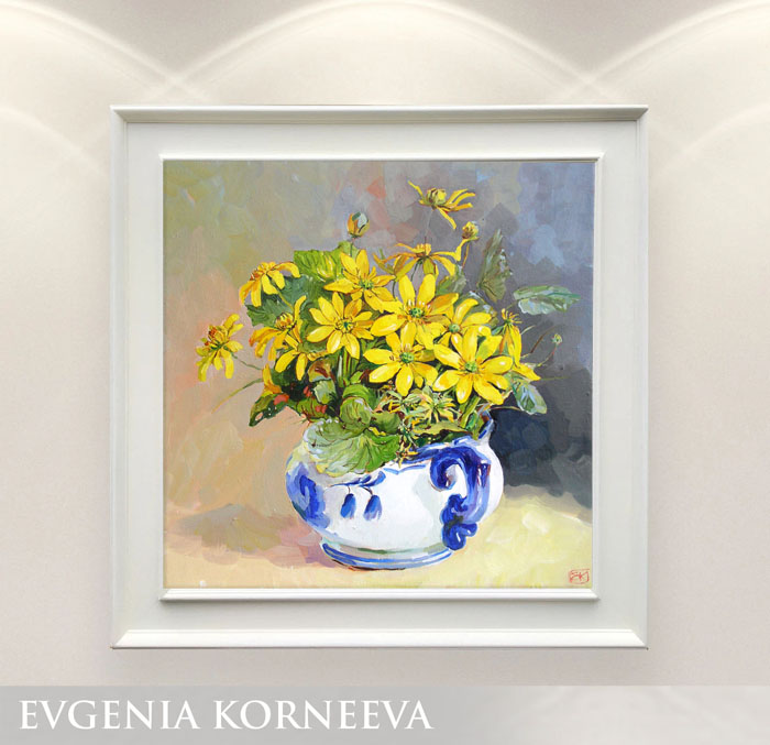 Картина с букетом желтые цветы в вазе. Евгения Корнеева