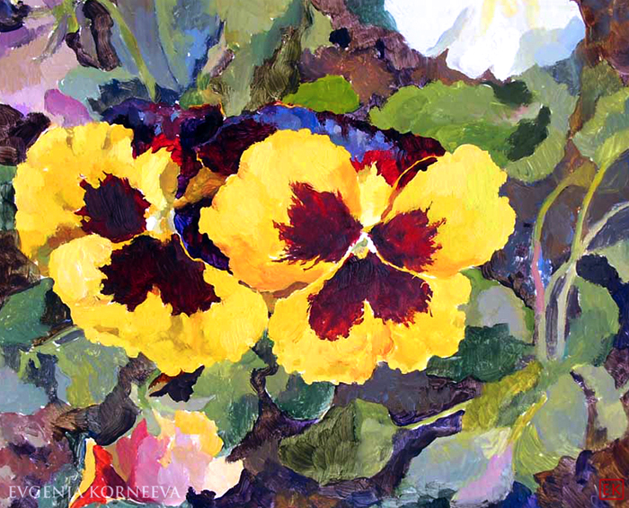 Картина с цветами анютины глазки. Евгения Корнеева