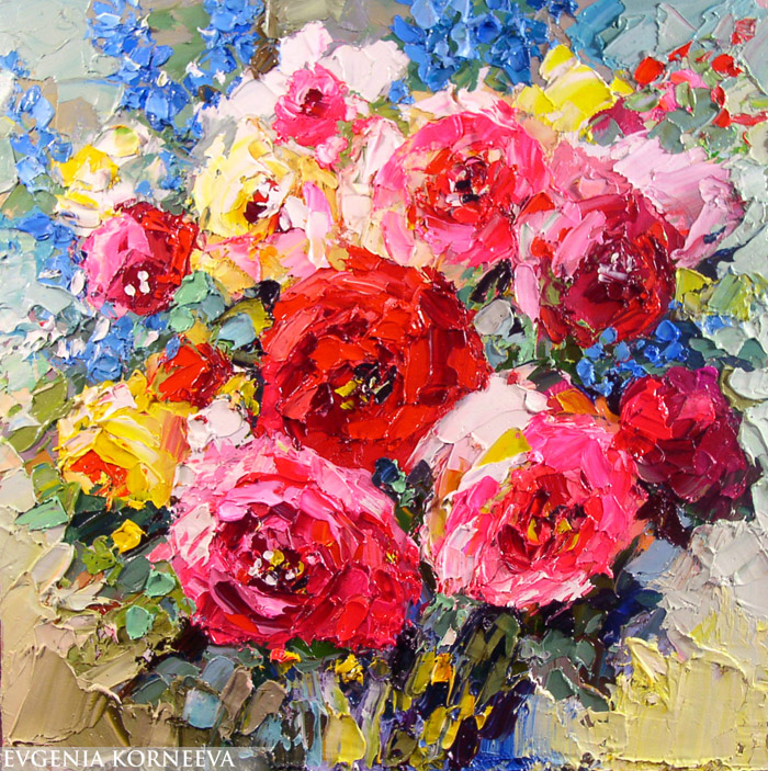 Картины с цветами - Красивые картины с крупными цветами роз от художника