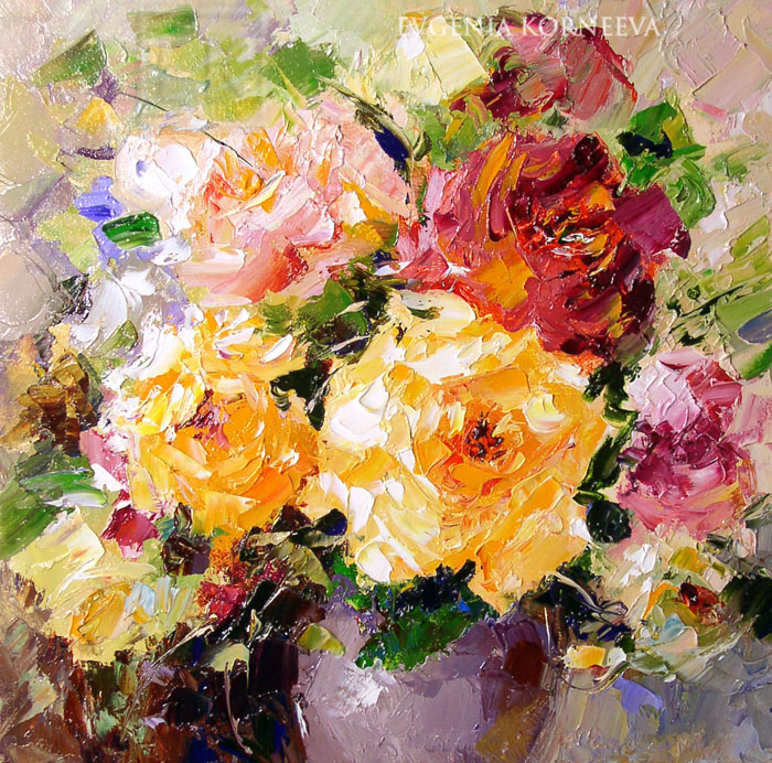 Картины с цветами - Шикарные картины с крупными цветами роз от художника